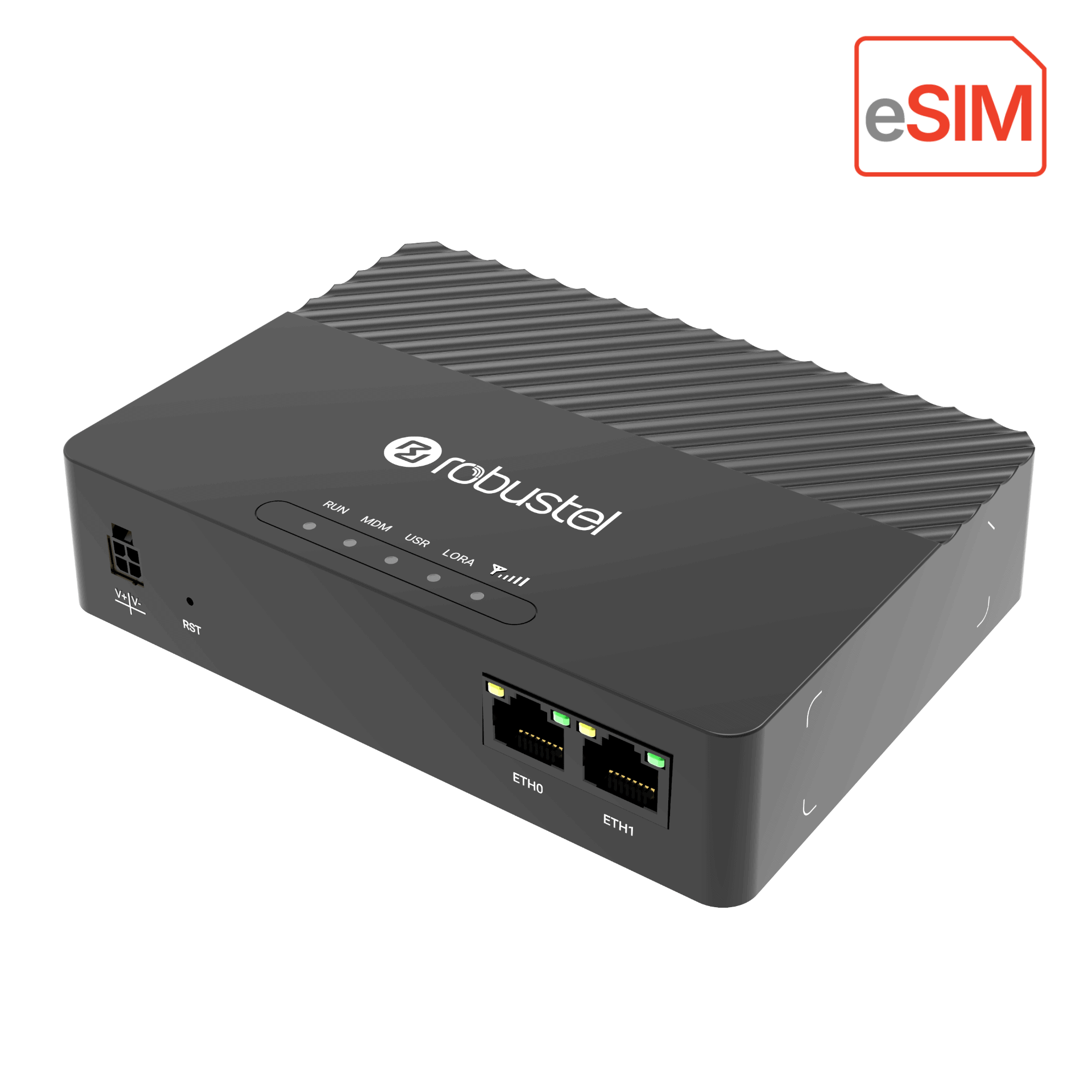 Passerelle LoRaWAN 4G compacte Robustel R1320LGe en boîtier noir, vue de trois quarts Passerelle LoRaWAN 4G compacte Robustel R1320LGe en boîtier noir, vue de trois quarts