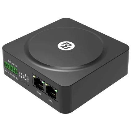 Routeur 4G industriel Robustel R1511 en boîtier noir compact, vue de trois quarts