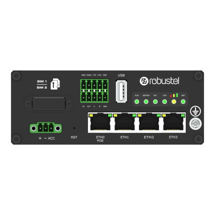 Face avant du Robustel R2110 avec ports Gigabit, borniers série et USB