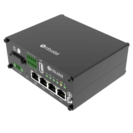 Routeur 4G industriel Gigabit Robustel R2110 en boîtier métal, vue de trois quarts