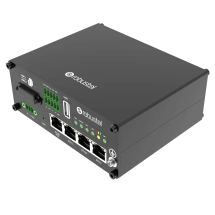 Routeur 4G industriel Gigabit Robustel R2110 en boîtier métal, vue de trois quarts
