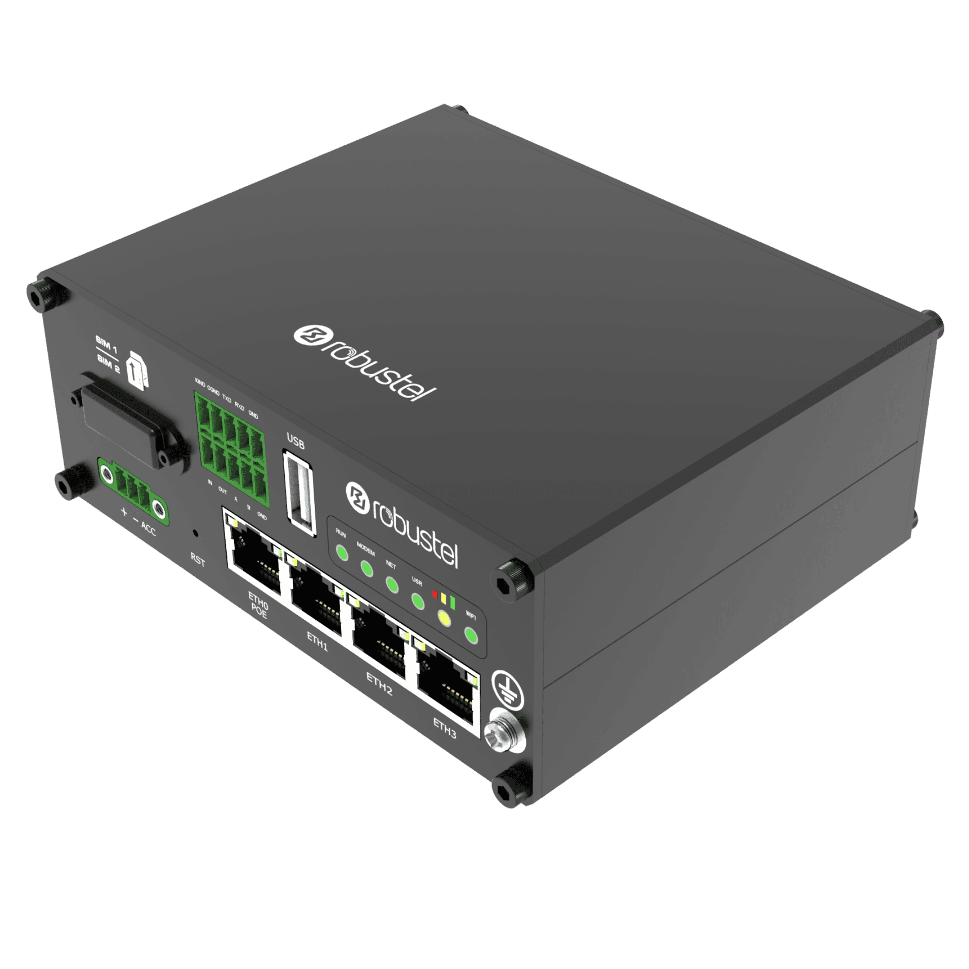 Routeur 4G industriel Gigabit Robustel R2110 en boîtier métal, vue de trois quarts Routeur 4G industriel Gigabit Robustel R2110 en boîtier métal, vue de trois quarts