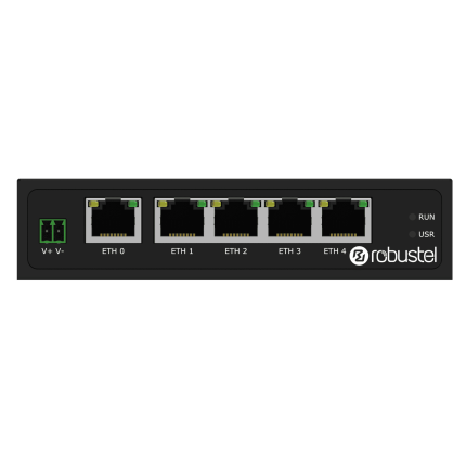 Face avant du Robustel R2111 avec cinq ports Ethernet Gigabit RJ45