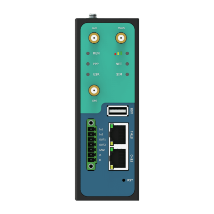 Face avant du Robustel R3000 avec deux ports Ethernet, USB et bornier série