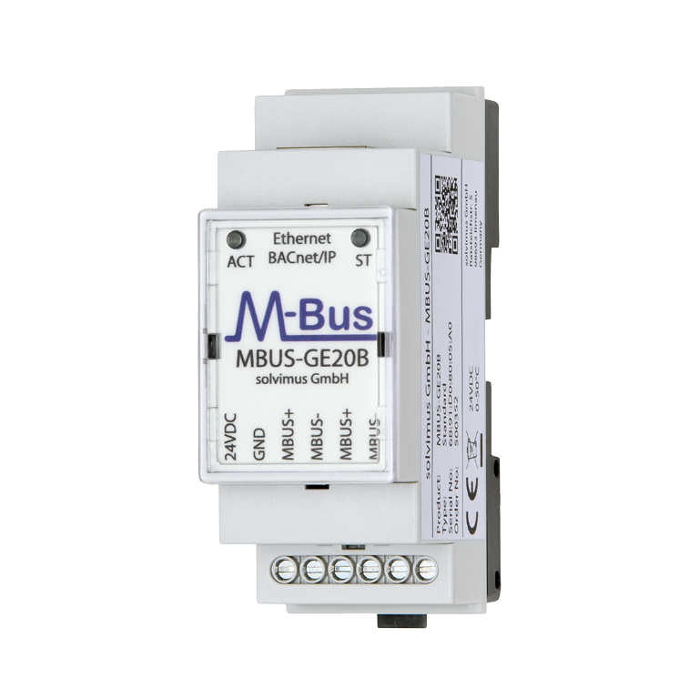 Passerelle M-Bus vers BACnet/IP Solvimus MBUS-GE20B pour rail DIN, vue de face Passerelle M-Bus vers BACnet/IP Solvimus MBUS-GE20B pour rail DIN, vue de face