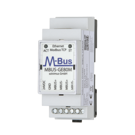 Passerelle M-Bus vers Modbus TCP Solvimus MBUS-GE80M sur rail DIN, vue de face