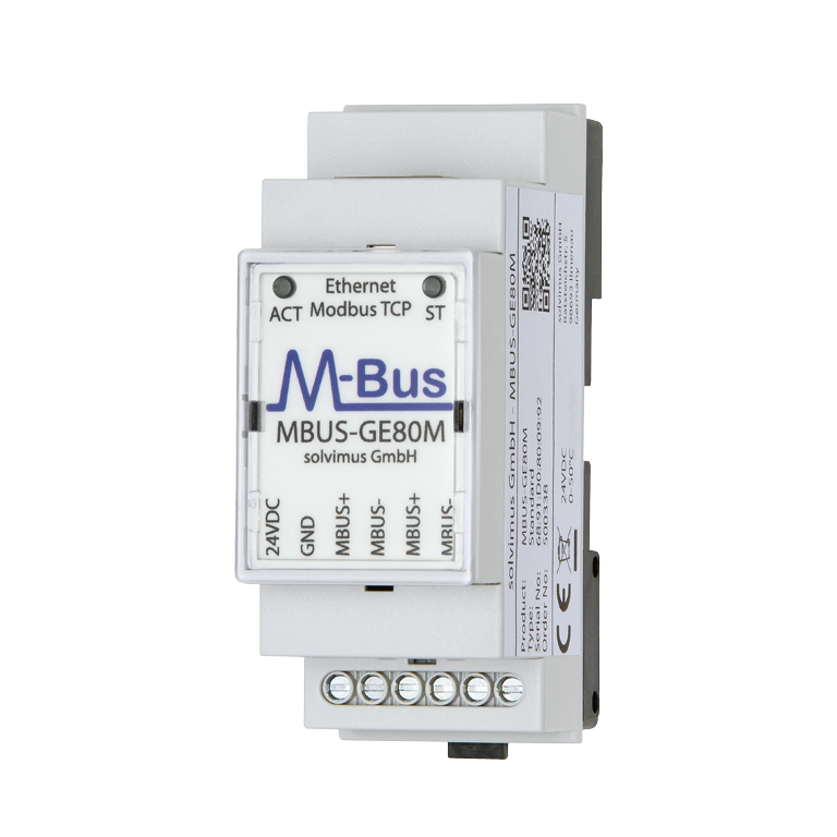 Passerelle M-Bus vers Modbus TCP Solvimus MBUS-GE80M sur rail DIN, vue de face Passerelle M-Bus vers Modbus TCP Solvimus MBUS-GE80M sur rail DIN, vue de face