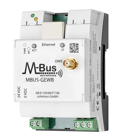 Passerelle wM-Bus vers BACnet solvimus MBUS-GEWB sur rail DIN, vue de trois quarts