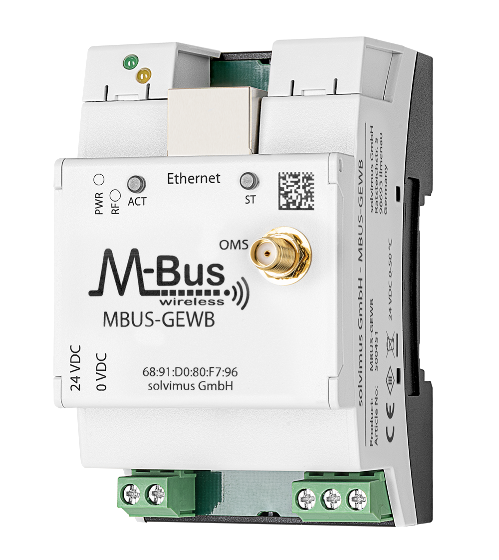 Passerelle wM-Bus vers BACnet solvimus MBUS-GEWB sur rail DIN, vue de trois quarts Passerelle wM-Bus vers BACnet solvimus MBUS-GEWB sur rail DIN, vue de trois quarts