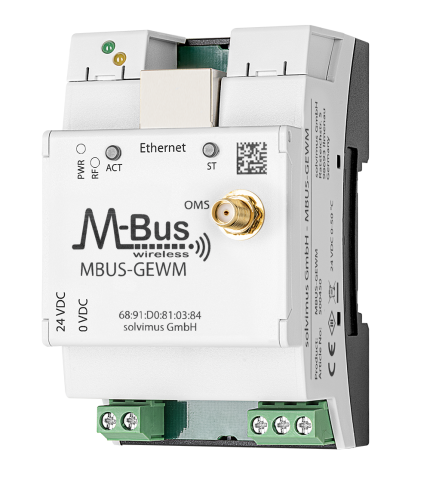 Passerelle wM-Bus vers Modbus TCP Solvimus MBUS-GEWM avec antenne SMA, vue latérale